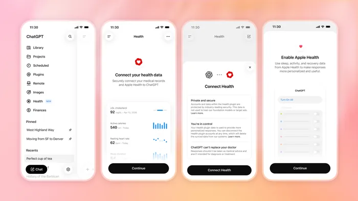 Health in ChatGPT screens for connecting medical records and Apple Health