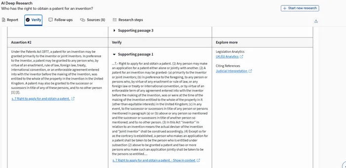 CoCounsel’s verification view, pairing each assertion with the supporting statutory passage