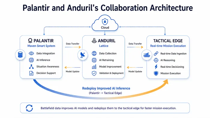 Diagram of Palantir Maven and Anduril Lattice exchanging data and model updates with the tactical edge