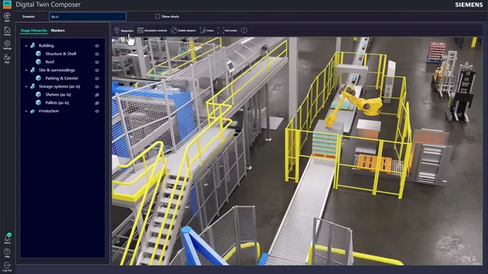 Siemens Digital Twin Composer showing a factory floor rebuilt as a live 3D twin